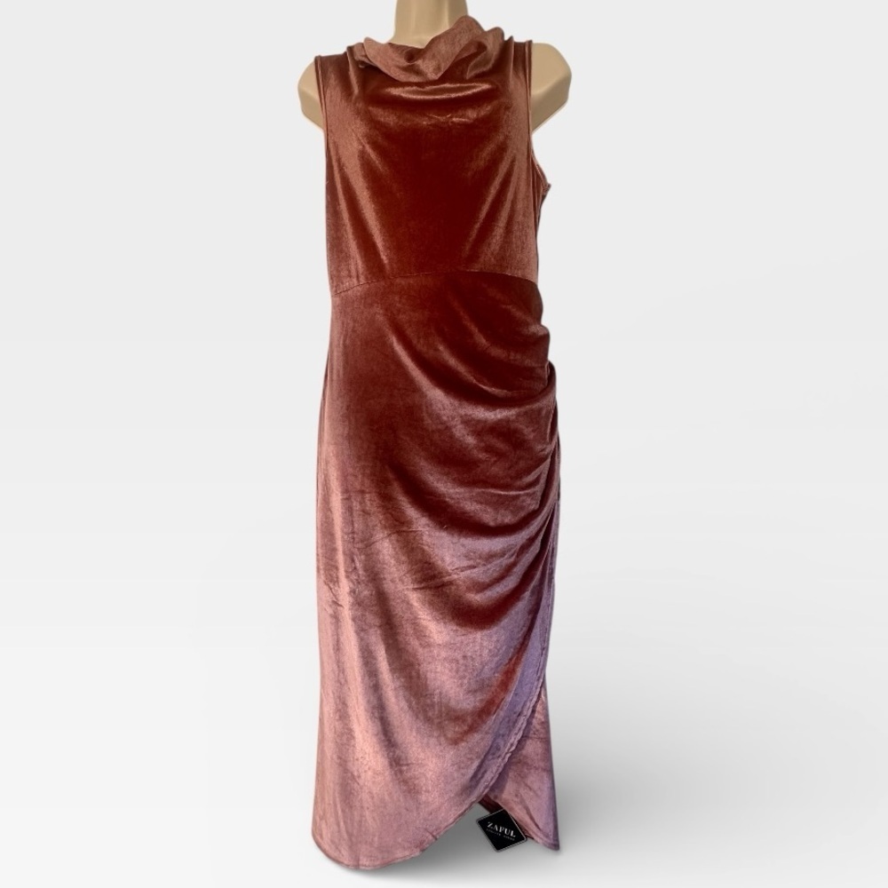 Zaful Women’s Velvet Cocktail Dress Cowl Neck Bodycon Ruched Dark Pink Small - Picture 3 of 9